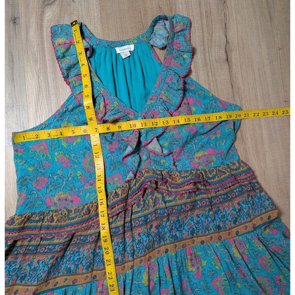 Sundance Size M Teal Floral Ruffle Tiered Midi Dress Cotton Boho Hippie Chic - Picture 11 of 12